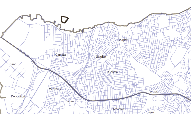 DuBois's pieces overlay maps with frequently used words in online dating profiles. Staten Island's north shore provides an electic selection that includes 'Erasmus,' 'Booger,' 'Meatballs' and 'Goo.'